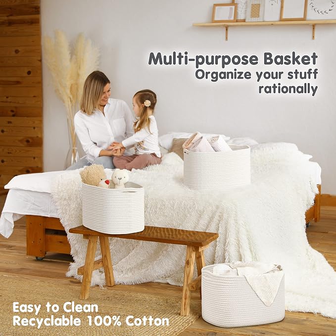 CHAT BLANC Cotton Rope Baskets for Organizing, Shelves, Toys, Storage, Shoe, Bathroom, Laundry, Towel, Nursery, Home Decor, Blanket, Cloth Woven Bins Fabric (Creamy White, 15"x10"x9") - Image 3
