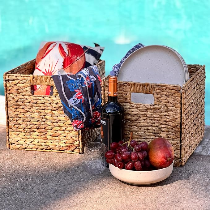 4 Hand-Woven Wicker Storage Baskets 13x11x11in, Water Hyacinth Shelf Bins | ECO-FRIENDLY & SUSTAINABLE - Image 8