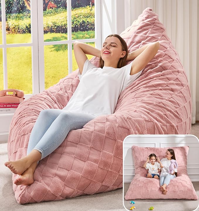 Hobestluk Adult Bean Bag Chair 3 in 1 Convertible Large Bean Bag Sofa | Plaid Pink,Machine Washable,Removable Cover,Easy Convert And Install, Oversied Floor Bed,For Livingroom Bedroom by YourHomeDeservesMore