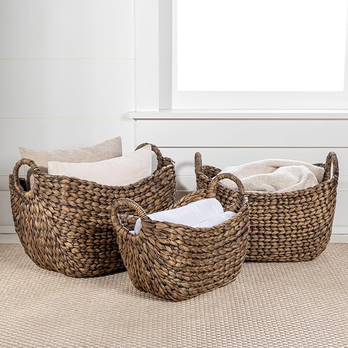 happimess Nellie 3-Piece Hyacinth Boat Wicker Storage Baskets 17", Brown | Farmhouse Classic Handwoven Nesting Design, Integrated Handles, Decor For Living Room Bedroom Nursery, Toy Blanket Organizers - Image 6