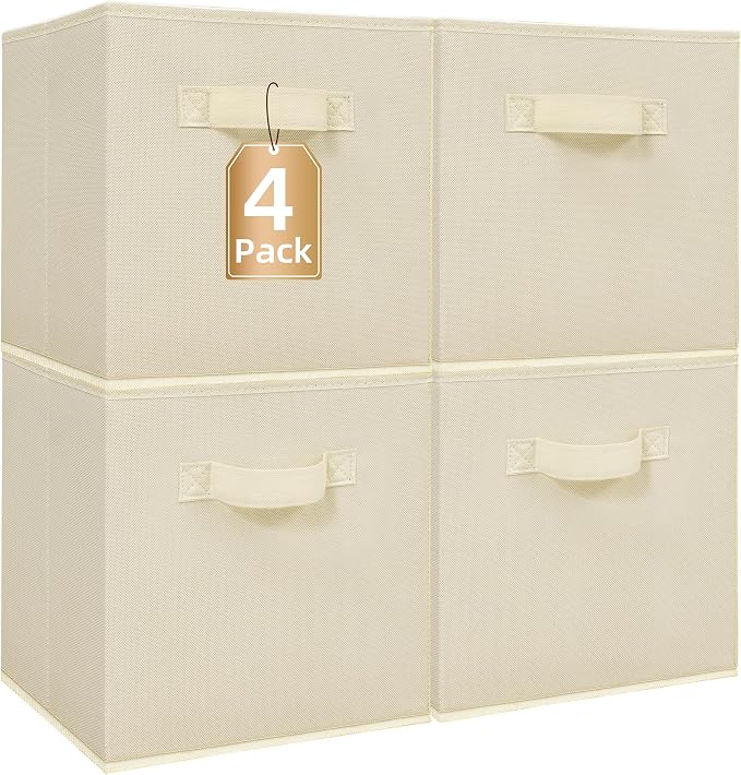 STORAGE MANIAC Storage Cubes, 11 Inch Collapsible Storage Bins with Handles, 4 Pack Fabric Foldable Bins for Organization, Durable Storage Bins for Closet, Shelves, Offices, 4-Pack Beige by STORAGEMANIAC