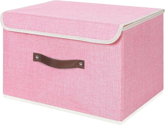 ANMINY Fabric Storage Box Bins with Lids, Pink, 15"x10"x10" | Keepsake Memory Storage, Cotton Linen, PP Board Reinforced, Washable, PU Handles, Foldable & Stackable, Decorative, Large by ANMINY