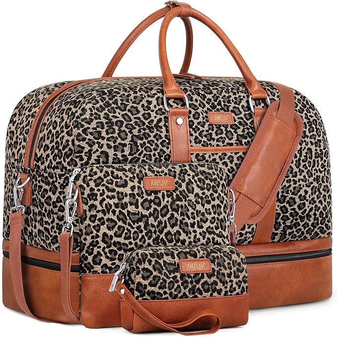 Weekender Bag for Women, Large Overnight Bag Canvas Travel Duffel Bag Carry On Tote with Shoe Compartment 21" 3Pcs Set by IBFUN