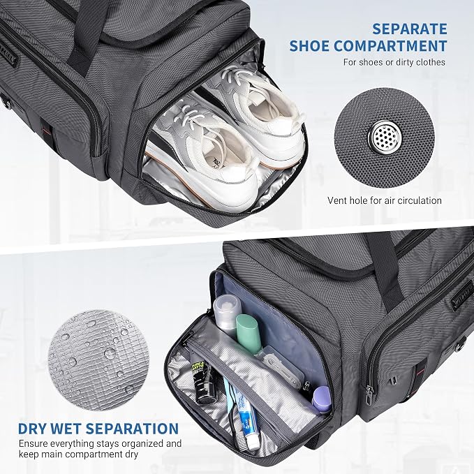 WITZMAN Duffle Bag for Men Large 49L Convertible Nylon Travel Sports Bag | With Shoe Compartment and Dry-wet Pocket, Fits 16" Laptop, Carry On, For Gym, Weekender, Overnight Trips, B719 Silvery Grey - Image 4