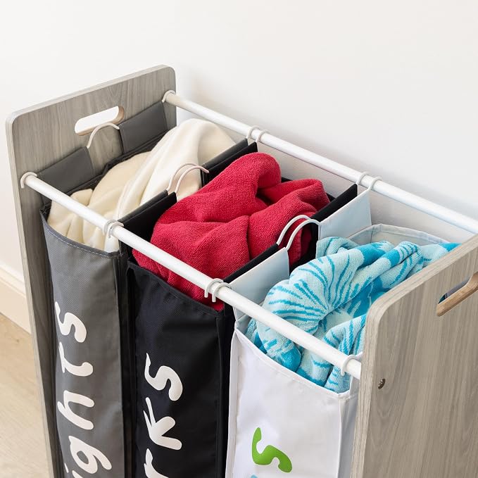Humble Crew Slate Kids Laundry Organizer with 3 Removable Hampers – White with Grey Woodgrain Frame, Sorting Hamper for Toddlers & Preschoolers - Image 6