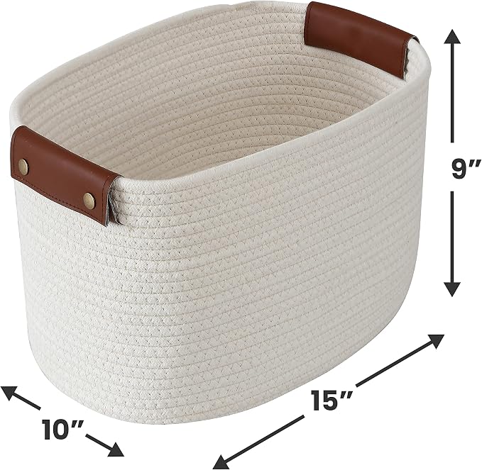 3 Pack Woven Cotton Rope Storage Basket, 15x10x9, Cream | Faux Leather Handles; Decorative Closet Shelf Organizer; Ideal for Storage & Organization - Image 7