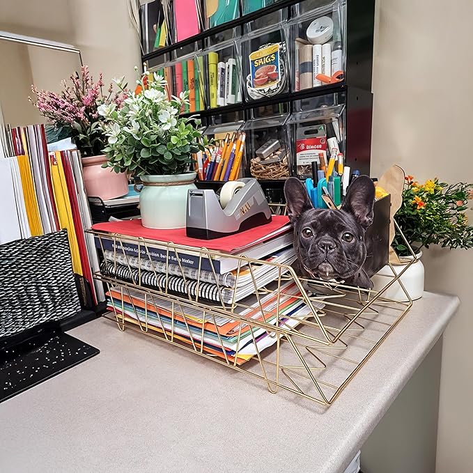Performore 11x17 Stackable Metal Paper Tray Organizer, 2-Tier Wire Desk Trays for Office & Home, Gold File Holder for Documents, Mail, Folders & Tabloid-Size Paper - Image 3