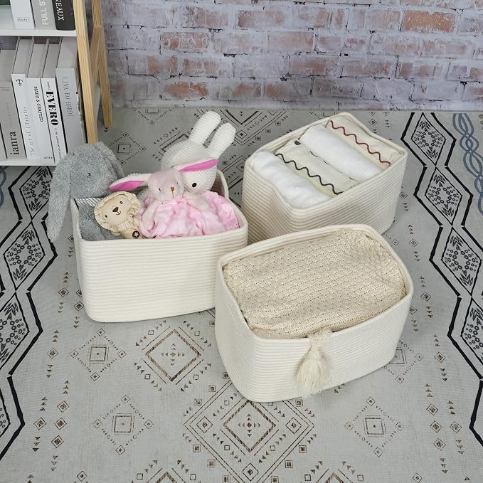 XUANGUO Woven Cotton Rope Storage Baskets 15x10x9.3" 3 Pack White | Decorative rectangular storage baskets for shelves and closets; storage bins organize clothes, toys, books and nursery items. - Image 4