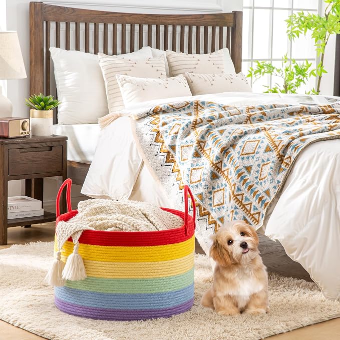 KAKAMAY Large Blanket Basket with Handles, Storage Basket for Living Room | Extra Large Capacity | Natural Cotton Rope | Blanket Storage | Woven Storage Basket | Stuffed Animal Storage | Laundry Basket - Image 5
