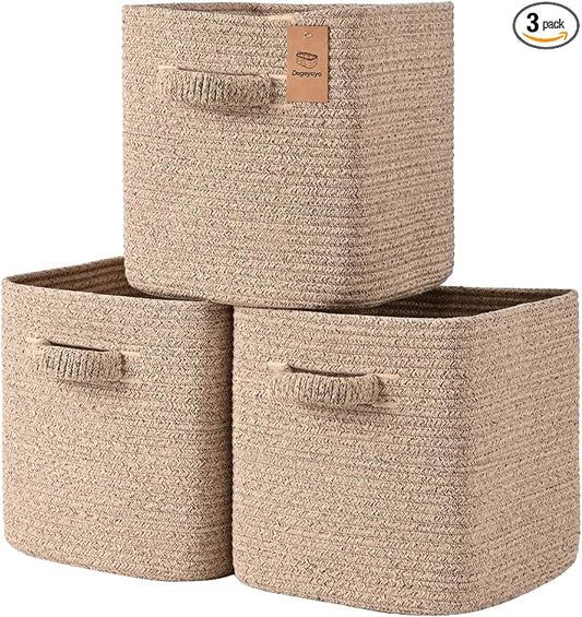 11 Inch Storage Cubes, 3 Pack Cube Storage Bins for Organizing, Cotton Rope Woven Baskets for Shelves, Bathroom, Kids Room, Closets, Baby Nursery by Degeyoyo
