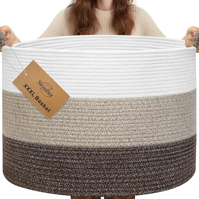 XXXL Large Blanket Basket for Living Room, 21.7" x 13.8" Woven Cotton Rope Laundry Hamper for Pillows, Towels & Toy Storage - Decorative Round Storage Basket with Handles for Nursery, Baby & Dog Toys by Sitanflex