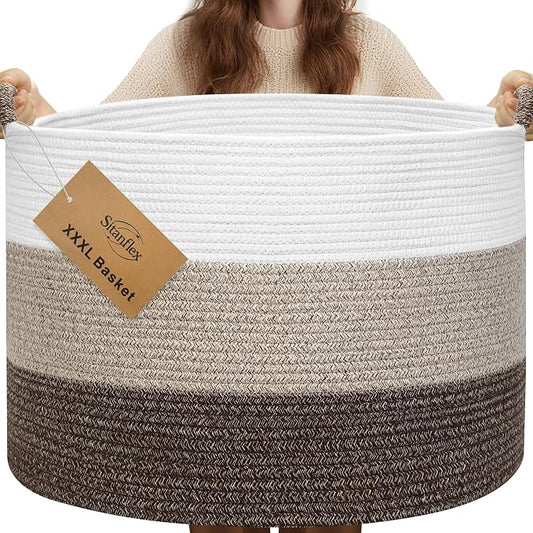 XXXL Large Blanket Basket for Living Room, 21.7" x 13.8" Woven Cotton Rope Laundry Hamper for Pillows, Towels & Toy Storage - Decorative Round Storage Basket with Handles for Nursery, Baby & Dog Toys by Sitanflex