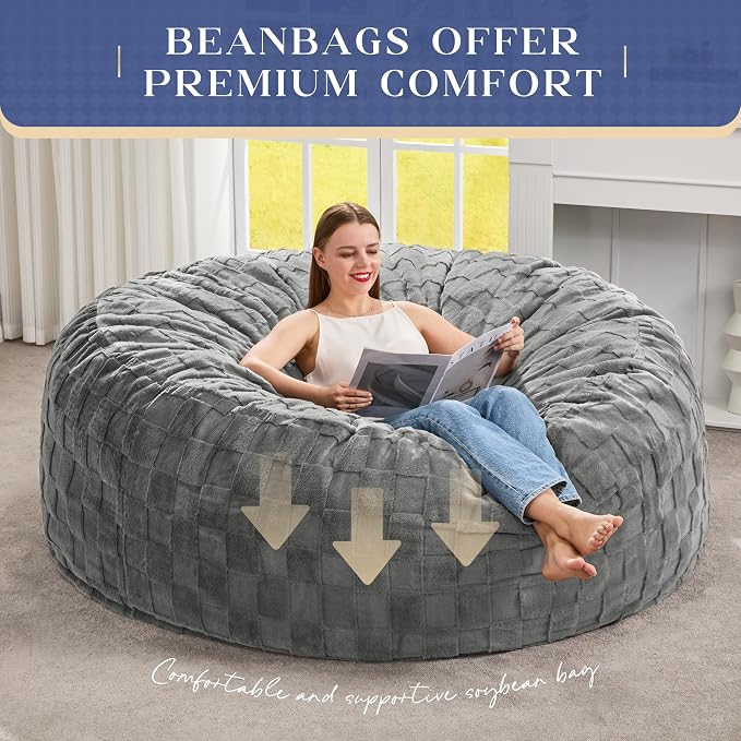 Hobestluk Adults Bean Bag Chair 5FT Big BeanBag Chair Giant Large Oversized | Memory Foam,Washable Cover,Unique Fluffy Plaid,Comfy Adult BeanBag with Filler Lounging Gaming Bedroom Living Room | Grey 5FT - Image 6
