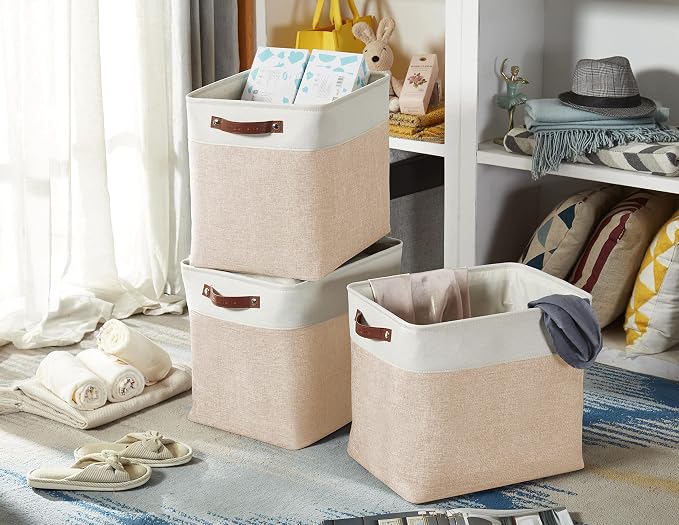 DECOMOMO Extra Large Storage Baskets, 54.5L Fabric Storage Bins 3 Pack | XXXL Storage Baskets for Shelves, Linen Closet Organizers (Beige & White, 17" x 13" x 15") - Image 6