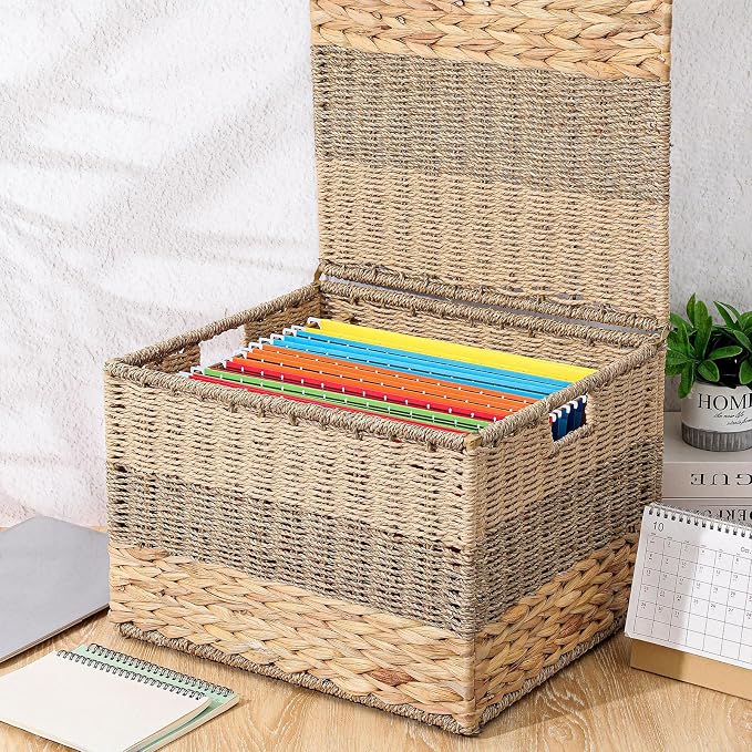 Cinnvoice Extra Large Decorative File Box 18 x 16 x 13 in Wicker Seagrass File Basket Organizer for Letter Legal Size Hand Woven Hanging Filing Cabinet with Lid for Office Water Hyacinth, Tricolor - Image 5