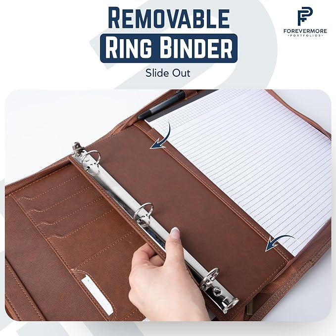 Forevermore Portfolio Binder, 1" Removable 3-Ring, Vegan Leather, Brown - Image 4