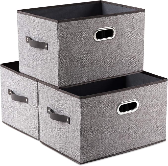 Larger Collapsible Storage Bins for Closet [3-pack] Decorative Linen Fabric Storage Baskets Cubes with Leather/Metal Handles for Living Room Cloth Grey and Black Trim (17.3x12.2x10.4 Inch) by Prandom