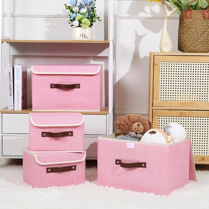 ANMINY Fabric Storage Box Bins with Lids, Pink, 10"x8"x7" | Keepsake Memory Storage, Cotton Linen, PP Board Reinforced, Washable, PU Handles, Foldable & Stackable, Decorative, Small - Image 7