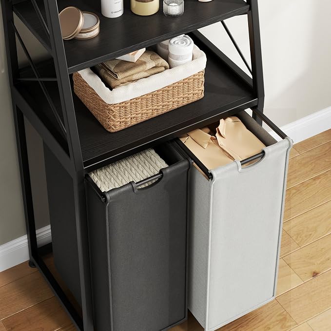 Herture Laundry Basket, 2 Section Laundry Hamper with 4 Tiers Shelf, Pull-Out and Removable Laundry Bags, Large 2 x 15.87 Gallons, for Bedroom Bathroom Black PF11XLK - Image 7