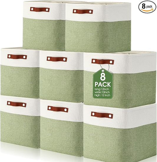 Uiifan 8 Pack 12 x 12 x 12 Inch Large Storage Baskets Collapsible Fabric Storage Cubes Bins with Handles for Shelves Closets Nursery Home Clothes Toys Organizers, Green by Uiifan
