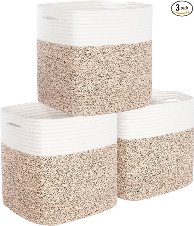 3-Pack 11x11in Woven Cube Storage Bin and Shelf Baskets, Cute Decorative Square Organizer for Closet, Classroom, Bathroom, Dog and Cat Toys, and Books, Light Brown by MINTWOODDesign