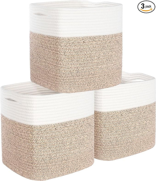 3-Pack 11x11in Woven Cube Storage Bin and Shelf Baskets, Cute Decorative Square Organizer for Closet, Classroom, Bathroom, Dog and Cat Toys, and Books, Light Brown by MINTWOODDesign