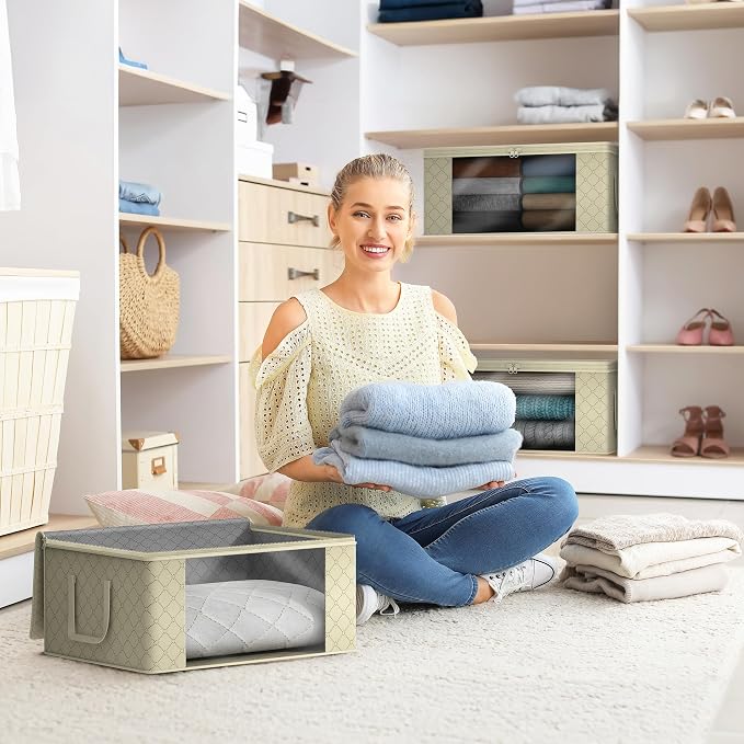 Sorbus Medium Clothes Storage Bags - Foldable Blanket Storage Bins for Organizing Bedroom, Closet, Clothing, Comforter, Organization with Clear Window, Lids and Carry Handles - Set of 8 - Image 2