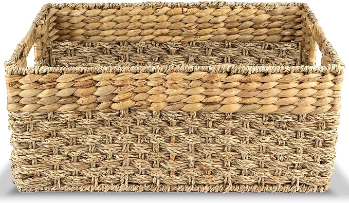 Large Wicker Storage Baskets with Handles, 17 x 11 x 7.5 Inches | Natural Seagrass and Hyacinth, Woven Storage Basket, For Organizing Shelves, Closet, Pantry, Living Room by RUSTICHOMERESOURCES