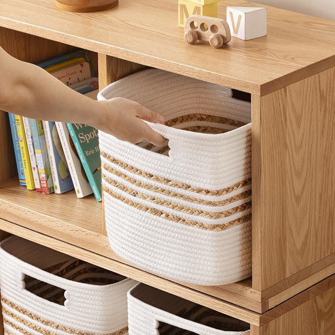 UBBCARE Set of 4 Storage Cubes 11 X 10.5 X 10.5 in, Water Hyacinth Storage Bins for shelves, Toys, Book, Storage Baskets with Handles, Cotton Rope Woven Baskets for Organizing, White - Image 4