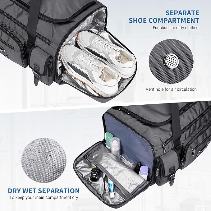 WITZMAN Duffle Bag for Men Large 54L Travel Duffel with Shoe Compartment | Water-resistant Nylon, Dry-wet Pocket, Fits 16" Laptop, Convertible for Gym, Weekender, Sports, Overnight, B717 Silvery Grey - Image 4