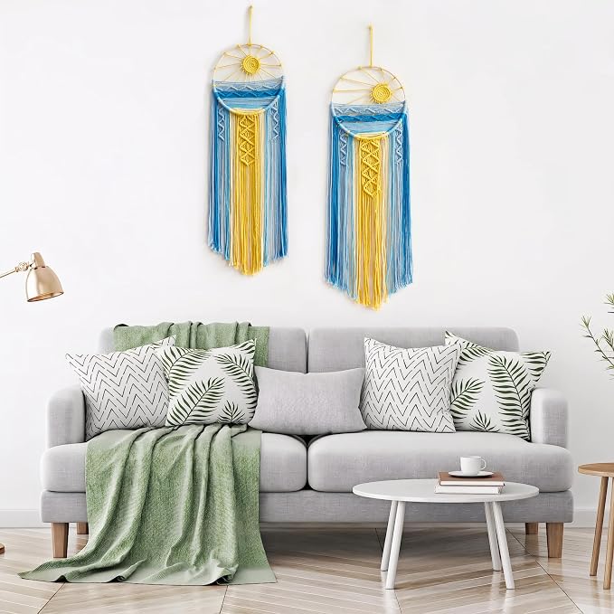 Artilady 2 Pack Macrame Hanging Tapestry Sun Wall Decor, Boho Dream Catcher | Large Tapestry, Handmade Woven, Farmhouse Rustic, Blue Sun Wall Art Set, Bedroom Living Room Entryway Home Decor - Image 7