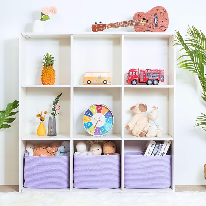 3-Pack Storage Baskets and Cube Bins for Shelves, Playroom and Classroom, Decorative Woven Closet Organizers for Books, Shoes, and Pantry Items, Lavender Purple - Image 4