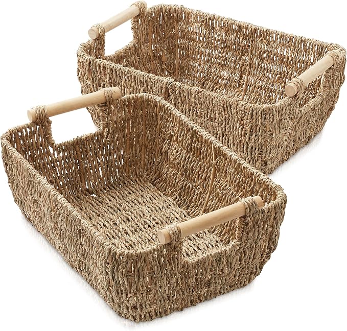 Casafield Set of 2 Seagrass Oval Storage Baskets with Wooden Handles - Large, Woven Bin Organizers - Image 2