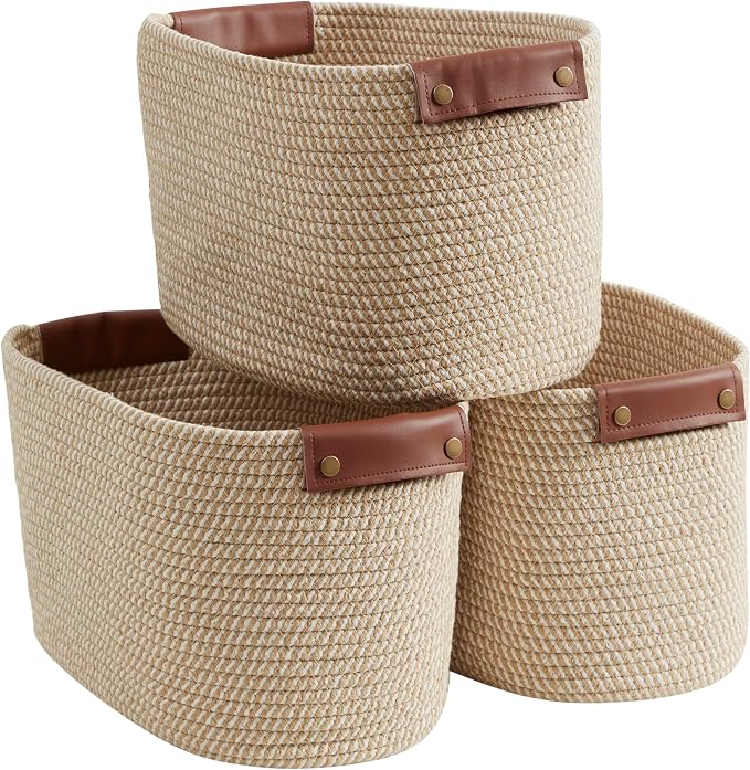 3 Pack Woven Cotton Rope Storage Basket, 15x10x9, Multi-Brown | Faux Leather Handles; Decorative Closet Shelf Organizer; Ideal for Storage & Organization by Organizix