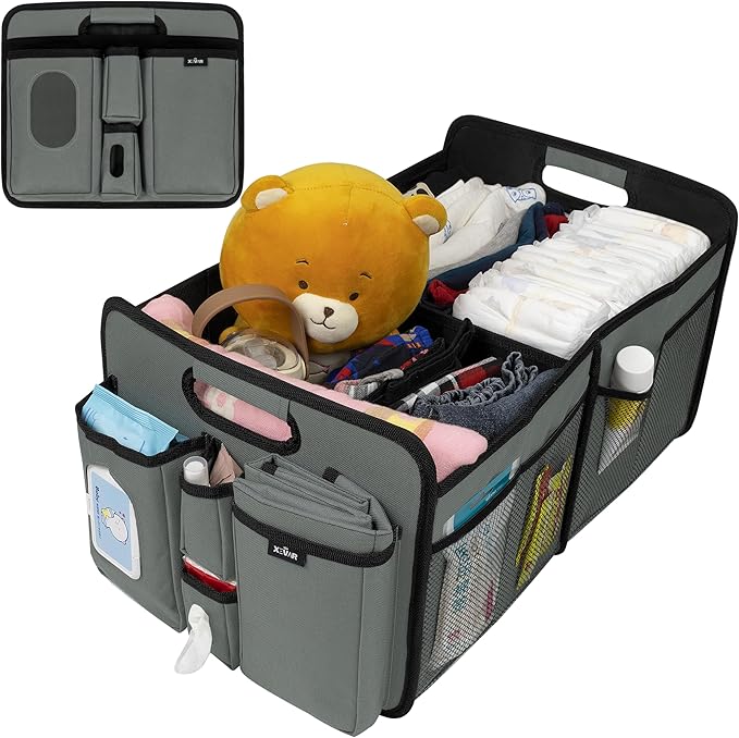 Baby Diaper Caddy Organizer with Changing Mat - Portable Car Caddy for Newborn Essentials, Diapers & Wipes, Perfect for Baby Shower and New Mom | Oxford Fabric, Grey by XEVAR