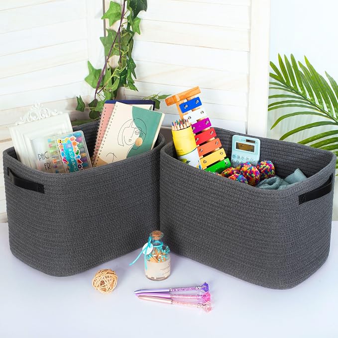 3-Pack Decorative Woven Storage Baskets for Shelves, Cube Bin Box for Organizing Books, Shoes, Dog Toys, Pantry Closet and Living Room Organizer, Charcoal / Black - Image 3