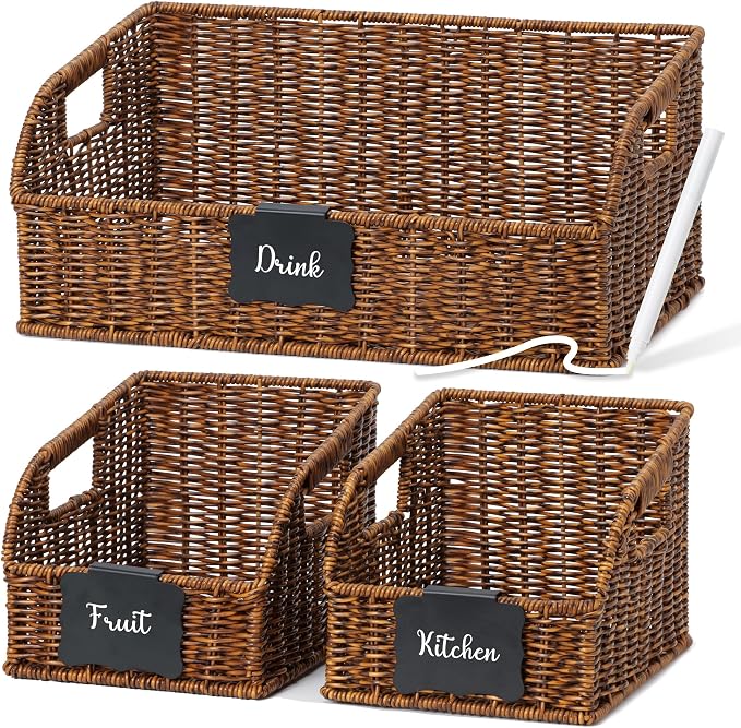 Pantry Organizers, Handwoven Large Wicker Baskets for Shelves, Labeled Storage Baskets for Organizing with Handles - Waterproof Plastic Storage Bins, Boho Decorative, 3Pack, Brown by Unknown