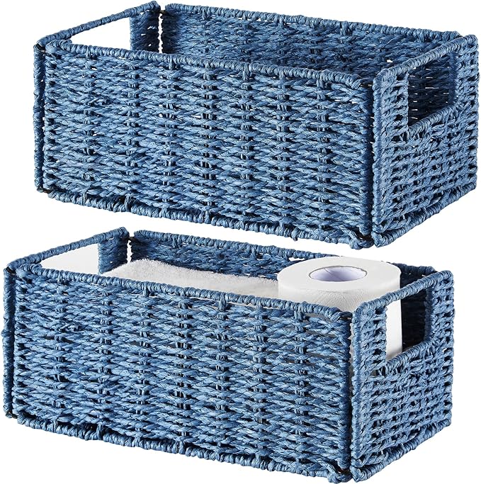 Wicker Baskets for Storage, Set of 4 Hand-Woven Wicker Storage Baskets for Shelves, Cube Storage Baskets Bins with Handles, Wicker Basket for Organizing Pantry Bedroom, Blue - Image 6