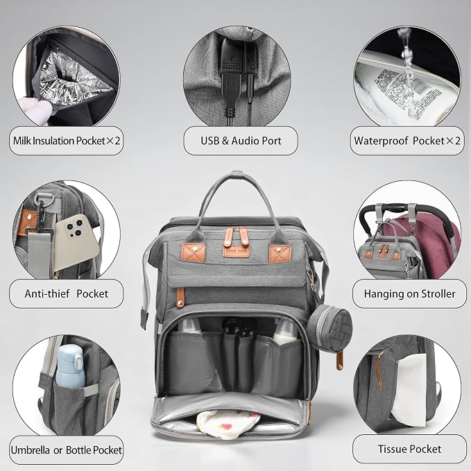Diaper Bag Backpack with Changing Station, Waterproof for Travel, Gray - Image 2