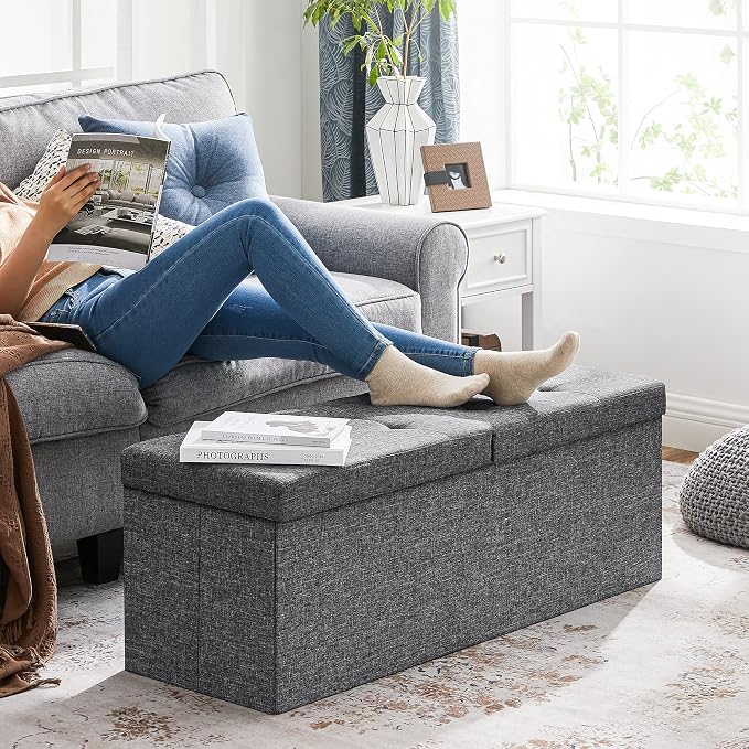 SONGMICS MAZIE Collection - 43 Inches Storage Ottoman, Foldable Storage Bench with Flipping Lid, 660 lb Load Capacity, for Entryway, Living Room, Bedroom, Dark Gray ULSF76GYZ - Image 5