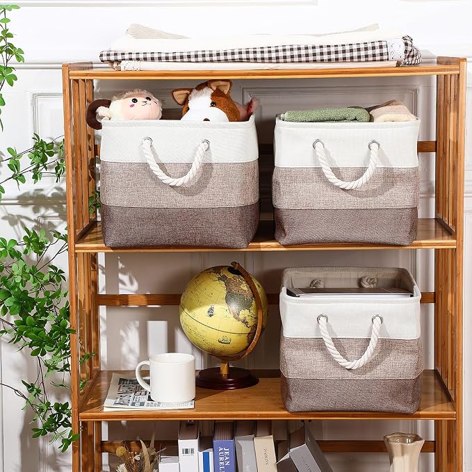 meekoo 8 Pack Collapsible Storage Bins Fabric Storage Bins Polyester Fabric Baskets with Handles Linen Closet Organizer for Shelf Home Closet Towels Toys(15 x 11 x 9.5 in,Mixed Beige) - Image 4