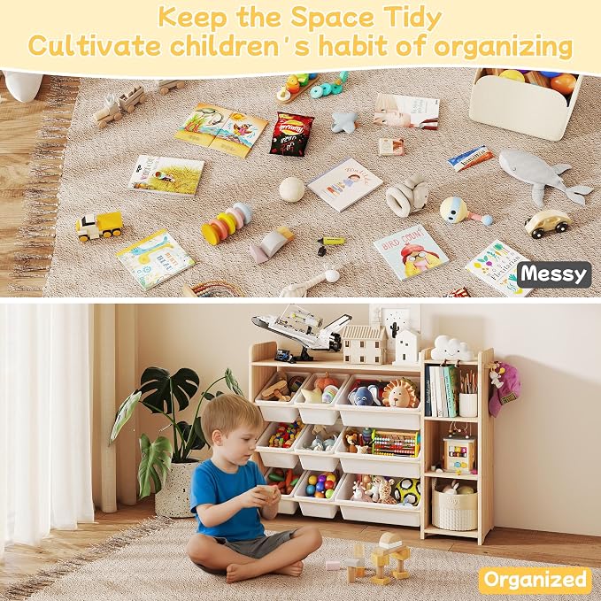 GITAWUSA Kids Toy Storage Organizer, Wooden Shelf with 3 Tiers and 9 Storage Bins, Nursery Room Organizer for Books and Toys, White and Natural Wood - Image 5