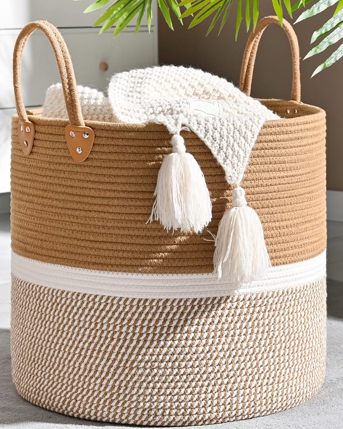 KAKAMAY Large Blanket Basket (18"x18"x16"),Woven Baby Laundry Hamper for Storage, Cotton Rope Blankets Baskets for Nursery, Laundry, Living Room, Pillows, Baby Toy chest with Handles (Brown) by KAKAMAY