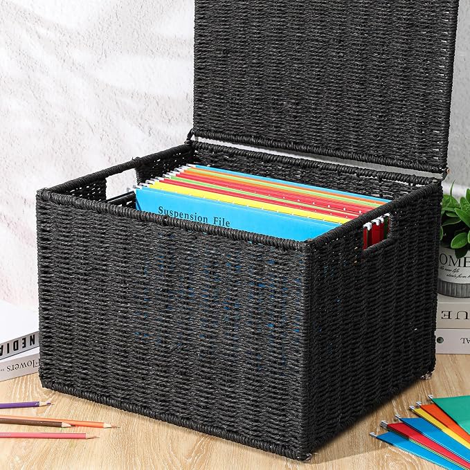 Cinnvoice Extra Large Decorative File Box 18 x 16 x 13 in Wicker Seagrass File Basket Organizer for Letter Legal Size Hand Woven Hanging Filing Cabinet with Lid for Office Paper Rope, Black - Image 4