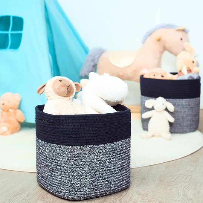 3-Pack 11x11in Woven Cube Storage Bin and Shelf Baskets, Cute Decorative Square Organizer for Closet, Classroom, Bathroom, Dog and Cat Toys, and Books, Navy Blue - Image 3