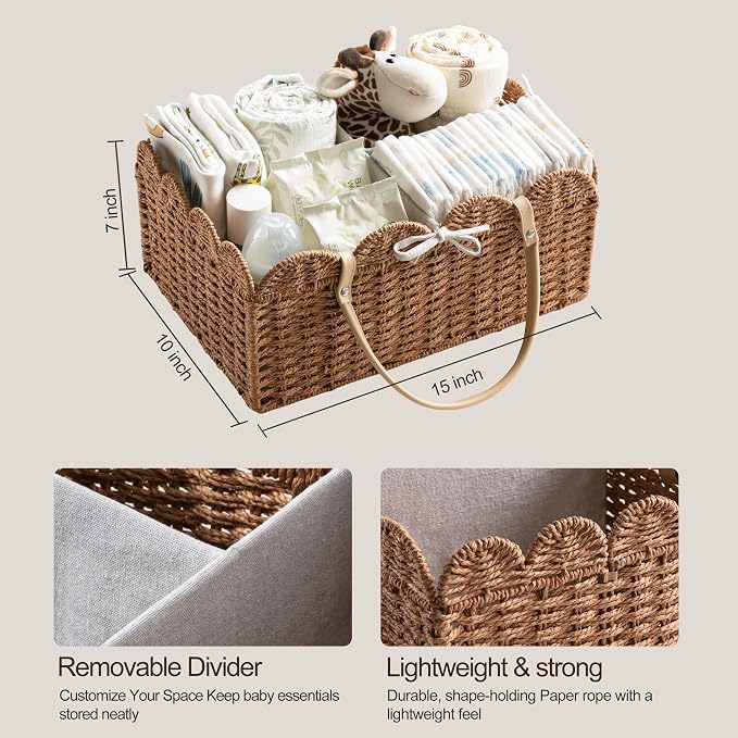 HBlife Large Baby Diaper Caddy, Paper Rope Storage Baskets Nursery Bin with Removable Divider, Portable Car Organizer for Diapers, Baby Shower Gifts, Newborn Essentials Must Haves - Image 5