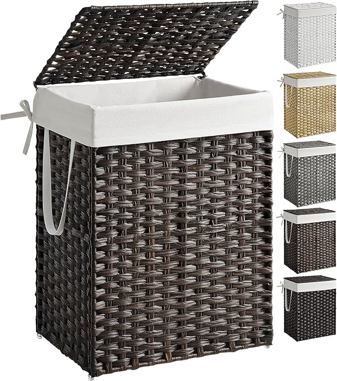 SONGMICS Laundry Hamper with Lid, 23.8 Gallon (90 L) Synthetic Rattan Clothes Laundry Basket with Lid and Handles, Foldable, Removable Liner, Chestnut Brown ULCB051K02 by Unknown