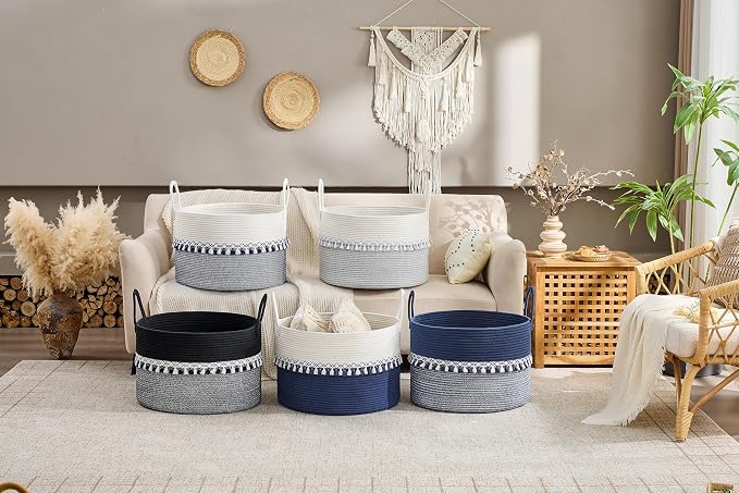 KAKAMAY Large Blanket Basket with Handles, Storage Basket for Living Room | Extra Large Capacity | Natural Cotton Rope | Blanket Storage | Woven Storage Basket | Stuffed Animal Storage | Laundry Basket - Image 7