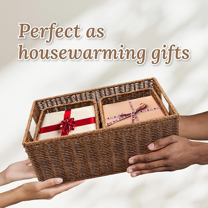WeeNest Wicker Basket with Handle, Shelf Baskets for Organizing, Woven Organization Storage with Handles, Resin Wicker Set of 3, Toffee - Image 6