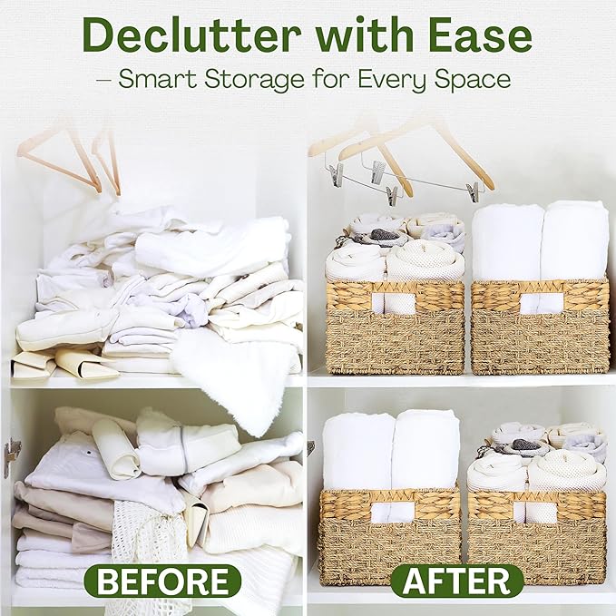 Large Wicker Storage Baskets with Handles, 17 x 11 x 7.5 Inches | Natural Seagrass and Hyacinth, Woven Storage Basket, For Organizing Shelves, Closet, Pantry, Living Room - Image 5